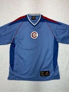 Majestic Light Blue Athletic Jersey with Navy and Red Logo Accents